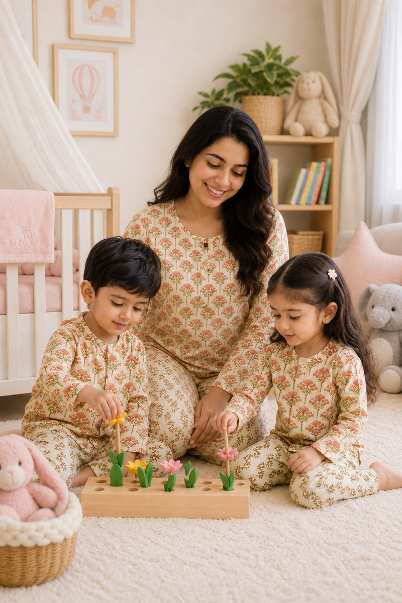 Orange Motif - Mom and Baby 100% Cotton Twinning Set