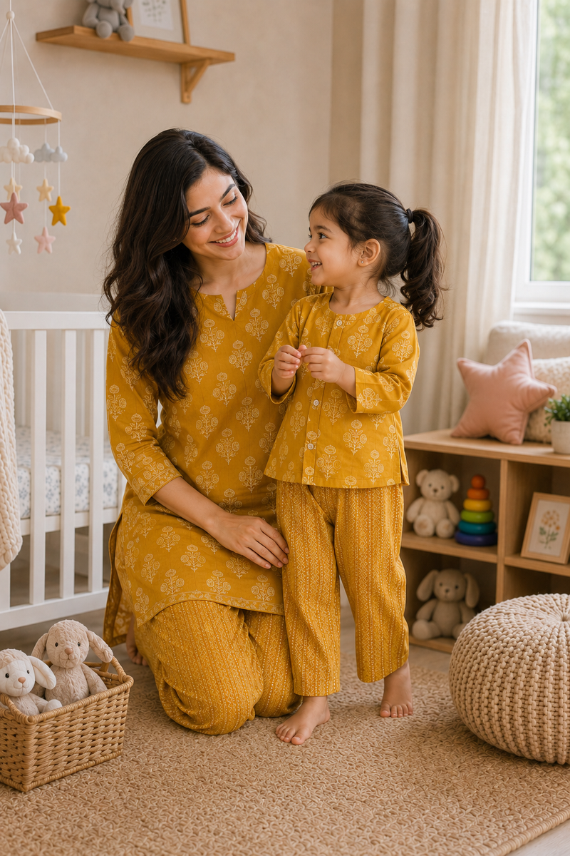 Mustard Motif- Mom and Baby 100% Cotton Twinning Set
