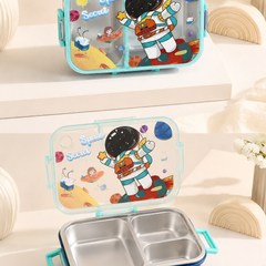 Space 3 Compartment 750 ML Stainless Steel Lunch Box for School Leak Proof Bento Tiffin Box with Handle, SUS304 Steel Lunch Box