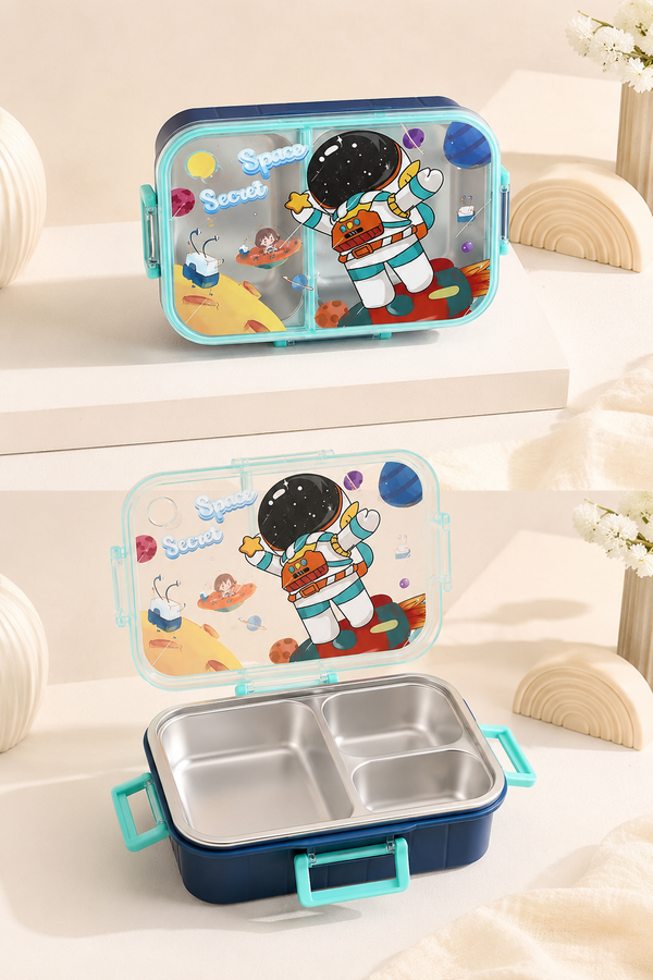 Space 3 Compartment 750 ML Stainless Steel Lunch Box for School Leak Proof Bento Tiffin Box with Handle, SUS304 Steel Lunch Box