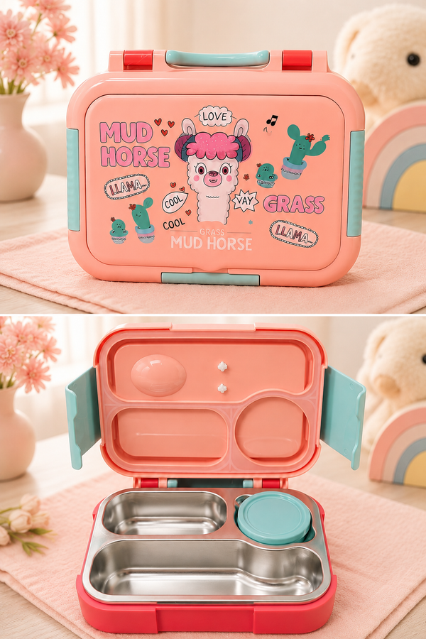 Lama 3 Compartment 750 ML Stainless Steel Lunch Box for School Leak Proof Bento Tiffin Box with Handle, SUS304 Steel Lunch Box