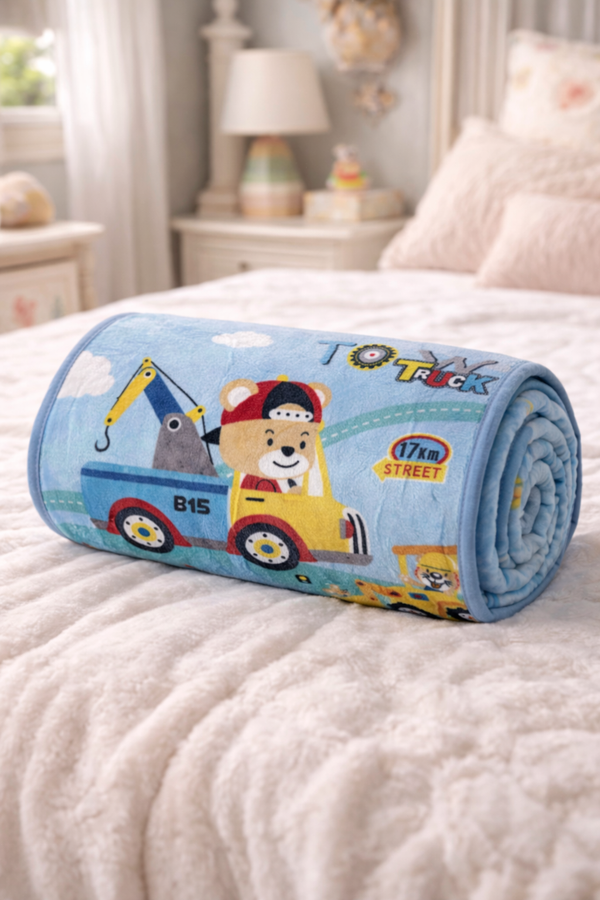 Lightweight Soft Plush Velvet Fleece 2 way Printed Blanket for 1 -7 Year Olds - Tow Truck