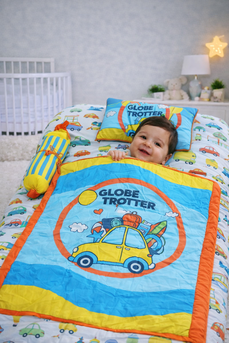 Kradyl Kroft 6 Pc Bedding Set for Infants | Baby Bedding Set | Baby Mattress with Quilt | Side Pillows | Head Pillow (Globetrotter)