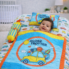 Kradyl Kroft 6 Pc Bedding Set for Infants | Baby Bedding Set | Baby Mattress with Quilt | Side Pillows | Head Pillow (Globetrotter)