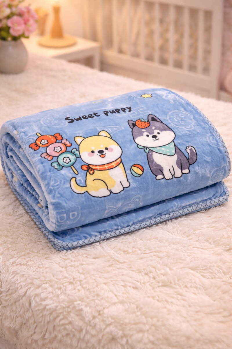 Kradyl Kroft Plush Double Layered Velvet with Two Side Printed Kids Blanket - Sweet Puppy Blue