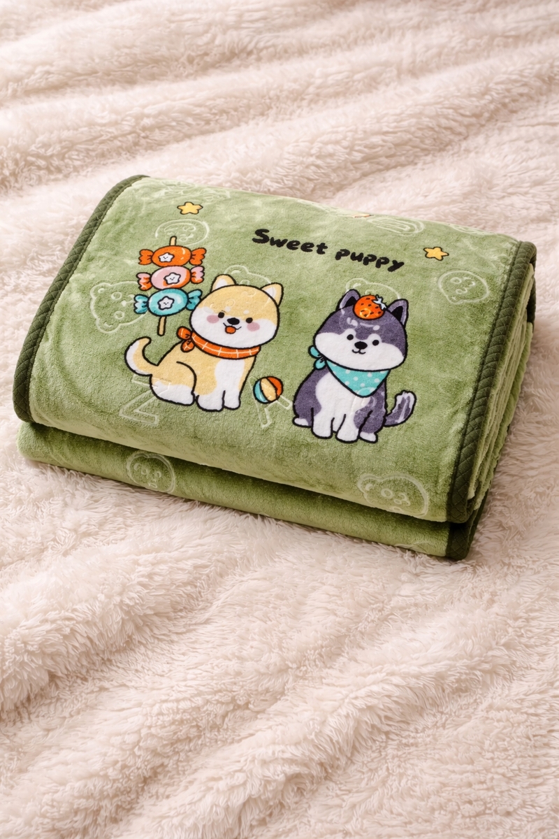 Kradyl Kroft Plush Double Layered Velvet with Two Side Printed Kids Blanket - Sweet Puppy Green