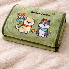 Kradyl Kroft Plush Double Layered Velvet with Two Side Printed Kids Blanket - Sweet Puppy Green