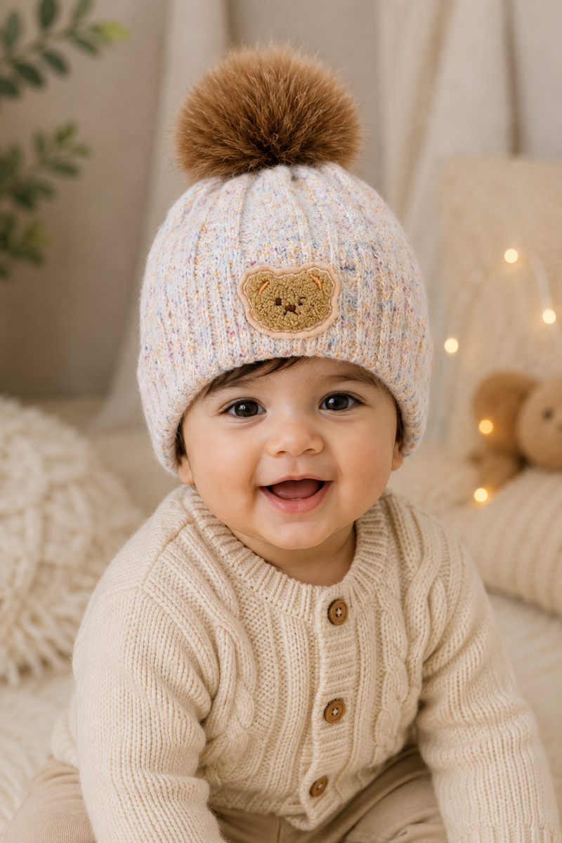 Woollen Baby Cap | 6 Months to 5 Years | Good Stretch | Snug Fit - Beige Bear 1
