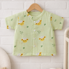 1 Pc Short Sleeve 90 GSM Checkered Muslin Jhabla Vest - Green Sheep
