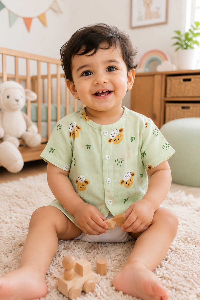1 Pc Short Sleeve 90 GSM Checkered Muslin Jhabla Vest - Green Sheep