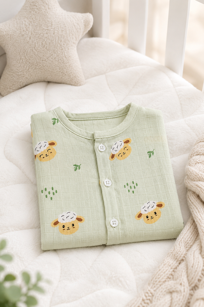 1 Pc Short Sleeve 90 GSM Checkered Muslin Jhabla Vest - Green Sheep